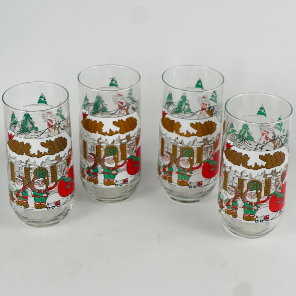 Vintage 16 oz Christmas Coca-Cola Santa Sleigh Glasses 4 - 1980s McCrory Stores